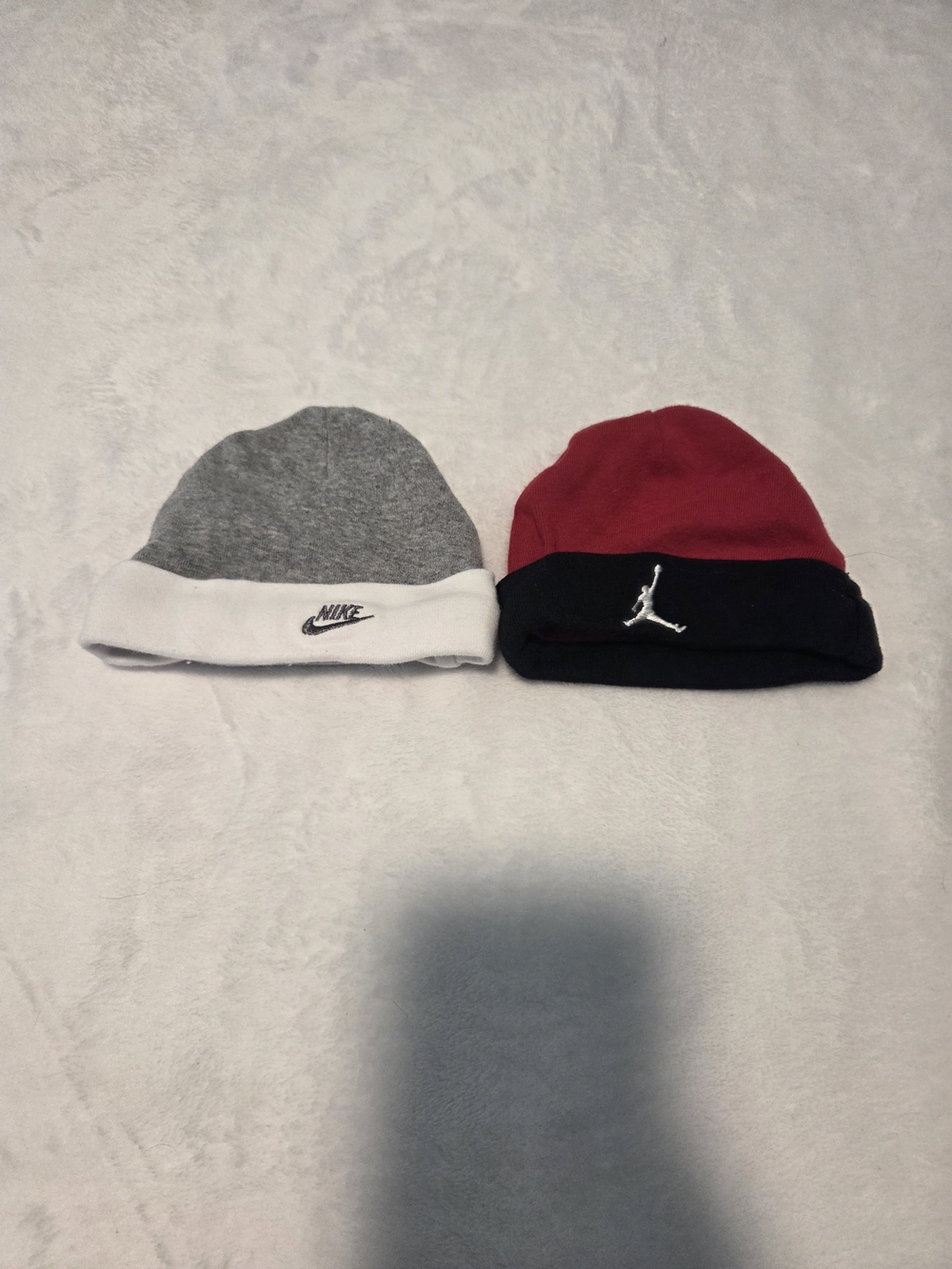 Nike Grey & White Baby Beanie and Jordan Red & Black Baby Beanie 0-6 Month- Pair